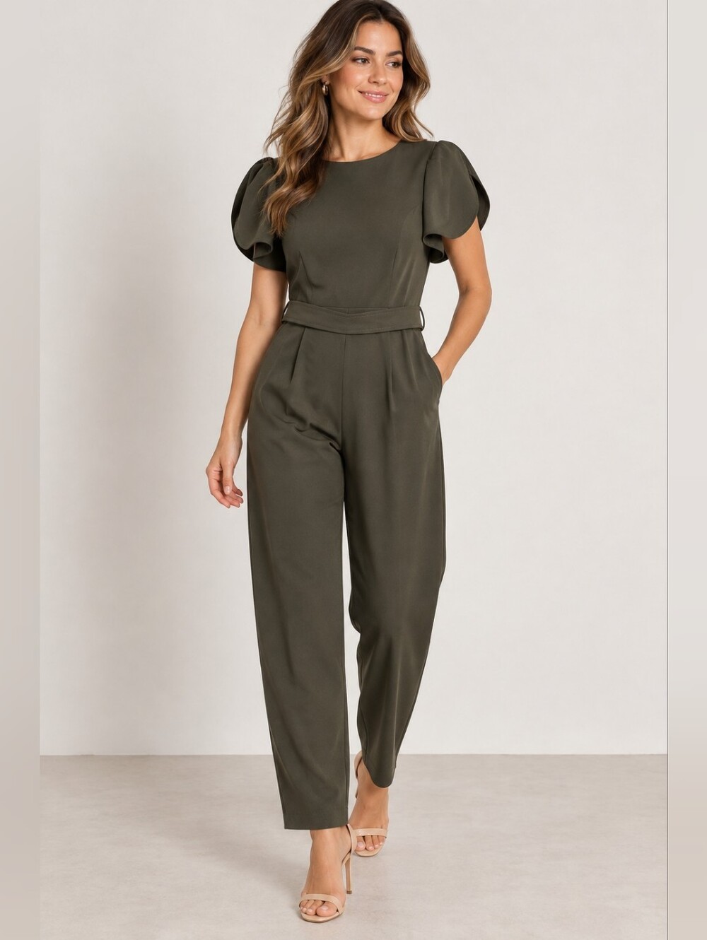 Calvin Klein Olive Green Puff-Sleeve Jumpsuit